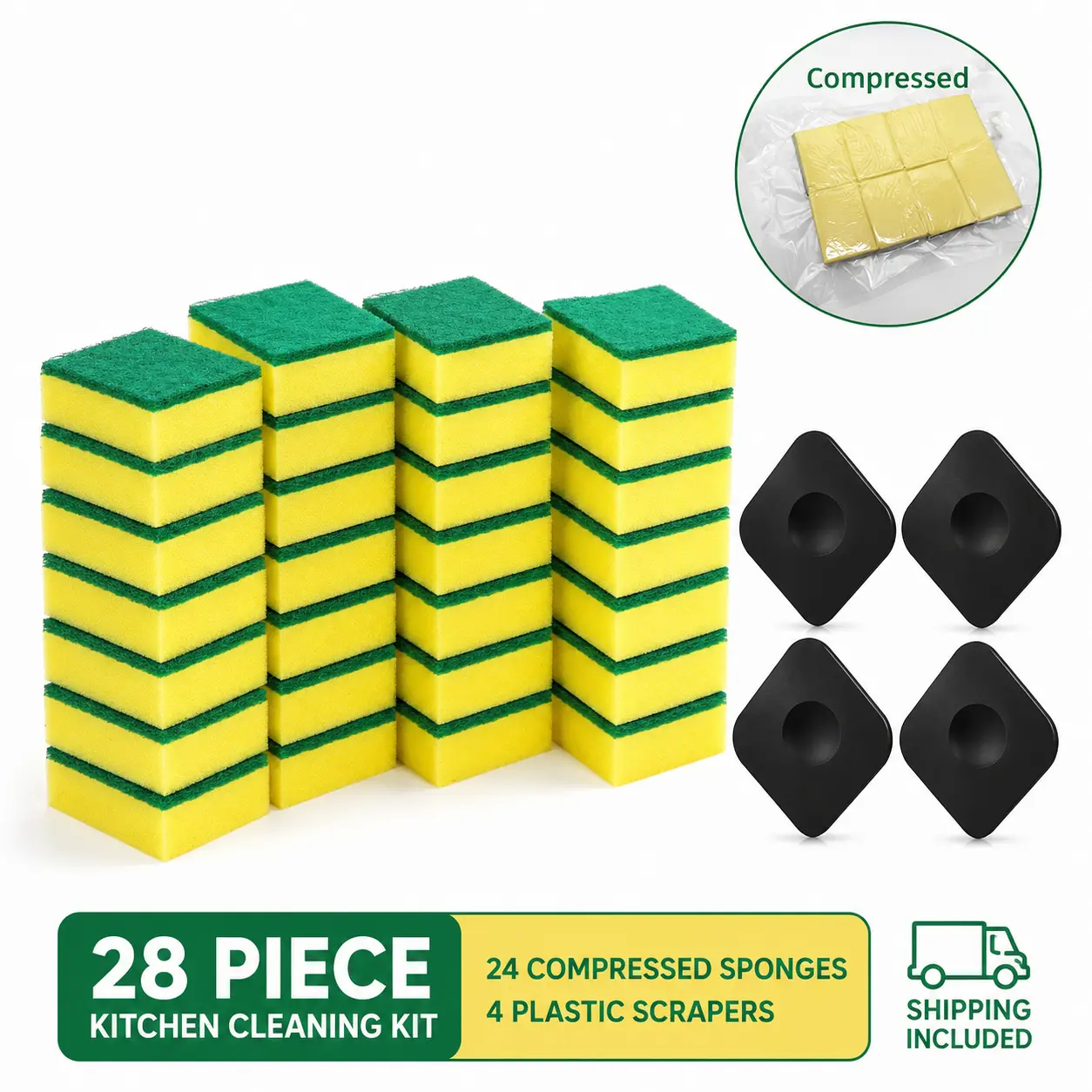 28-Piece Kitchen Cleaning Kit, 24 Compressed Dish Sponges and 4 Plastic Pan Scrapers