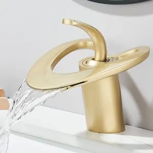 Brushed Gold Waterfall Sink Single Hole Vanity 1 Handle Brass Modern Unique Bathroom Faucets,  Single Lever Copper Swan Style Vessel Hollow Faucet