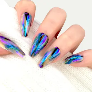 Aurora Glitter Fake Nails with Nail File & Tape, 28pcs/set Reusable Press on Nails for Women & Girls DIY Nail Art, Elegant Stick on Nails Kit