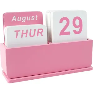 DEERINE Wooden Block Perpetual Calendar for Desk, Daily Desktop Standing Flip Calendar with Large Display, Modern Farmhouse Aesthetic Desk Accessories for Home Office Decor, Reusable Yearly, Pink