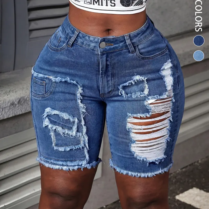 Women's Casual Washed Vintage Ripped Elastic Denim Shorts, Solid Color Distressed Frayed Skinny Fit Denim Shorts, Comfortable, Stylish and Aesthetic Design Summer Bottoms, Fashionable Shorts, Perfect for Daily Wear