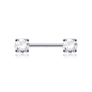 14 Karat White Gold Prong Set Gem Sparkle Nipple Barbell 14 GA 1.6mm 1/2" 12mm Charm 5mm for Nipple Ear Piercings Transverse Lobe