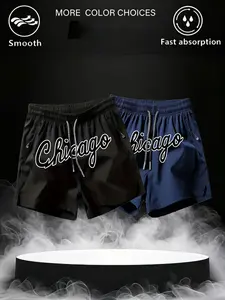 2-Pack Chicago Print Quick-Dry Gym Shorts, Men's Zip Pocket Elastic Waist Casual Fitness Shorts, Lightweight Breathable Summer Training Shorts