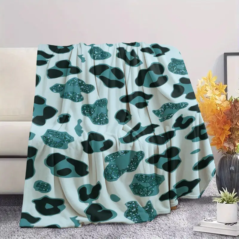Blue Leopard Print Sequin Digital Print Flannel Blanket, Soft Warm Home Sofa Cover, Trendy Decorative Throw, Temu Bestseller