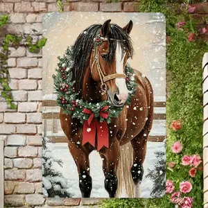 Fascinating Vintage Snow-Bristled Horse Metal Signage - 8X12 Inches, Perfect for Christmas And Holiday Decorations, Perfect for Homes, Cafes, Bars Or Gardens