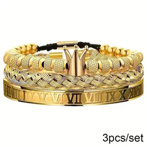 Halloween Set 3-Piece Fashion High-End Stainless Steel Roman Numeral Bracelet, Extremely Cool Crown Woven Rope Men's Bracelet Set, Handcuff Bracelet Men's Luxury Jewelry Gift, Comes with Gift Box for Delivery
