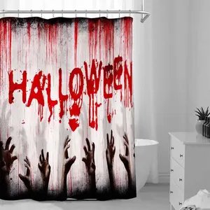 Shower Curtain, 1 Count Blood Hand Print Waterproof Shower Curtain with Hooks, Halloween Themed Bathroom Decor Supplies for Home Hotel Salon Dormitory