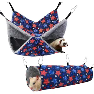 Soft Hammock Set for Small Animals Guinea Pig Hideout Bed Hamster Hanging Tunnels Plush Cage Accessories for Hide Play Sleep, 2 Pack Blue Star