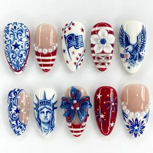 Luxury 4th of July Press On Nails, American Flag Patriotic Nail Set, Red Blue White Pearl Star Celebration Nails, Festive Aesthetic Nail Set,Custom Nails For Women, Party, Holiday Nails