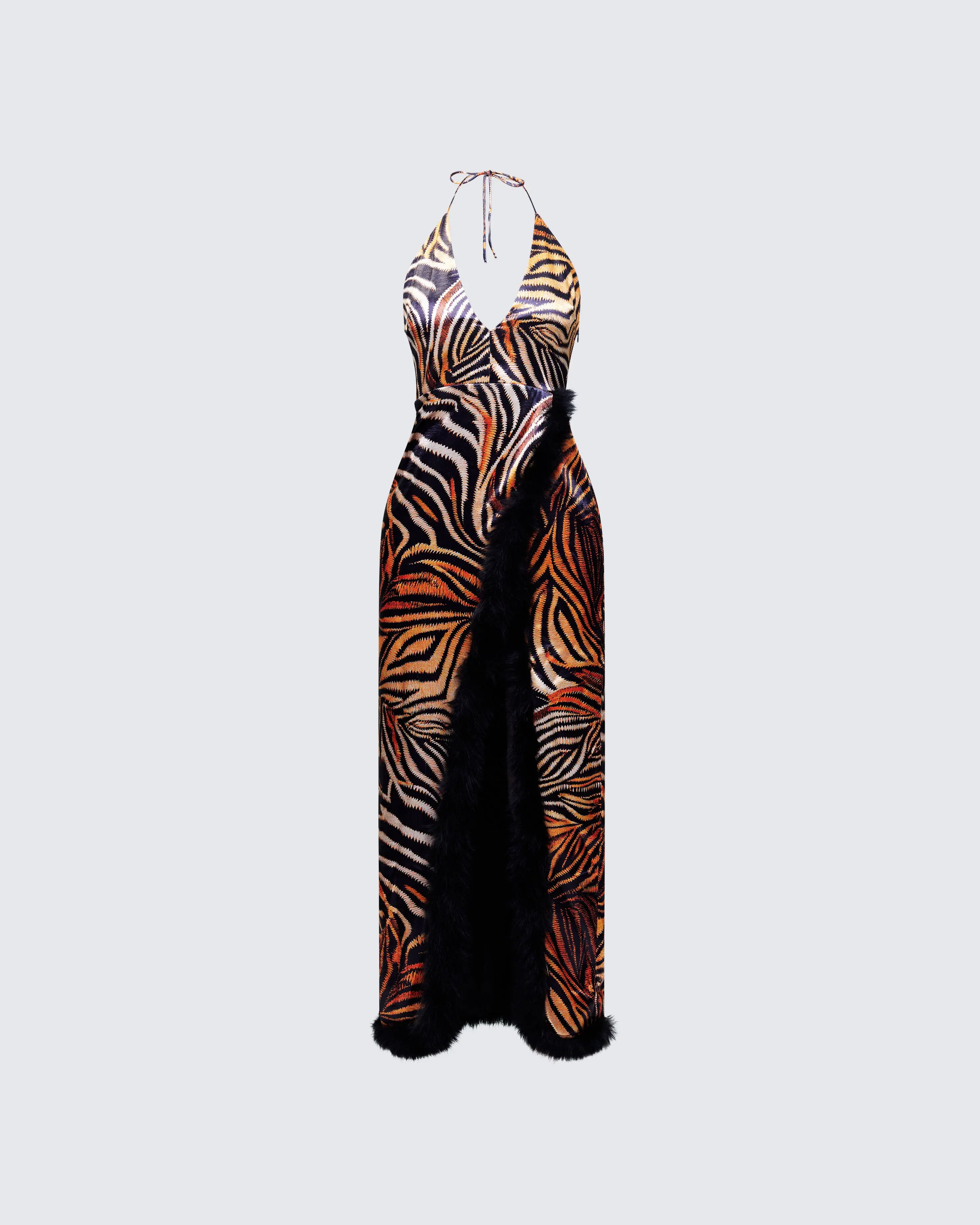 Women's Formal Wear Ursula Orange Zebra-Printed Halter Fitted Polyester Wrap Maxi Dress, Stripe