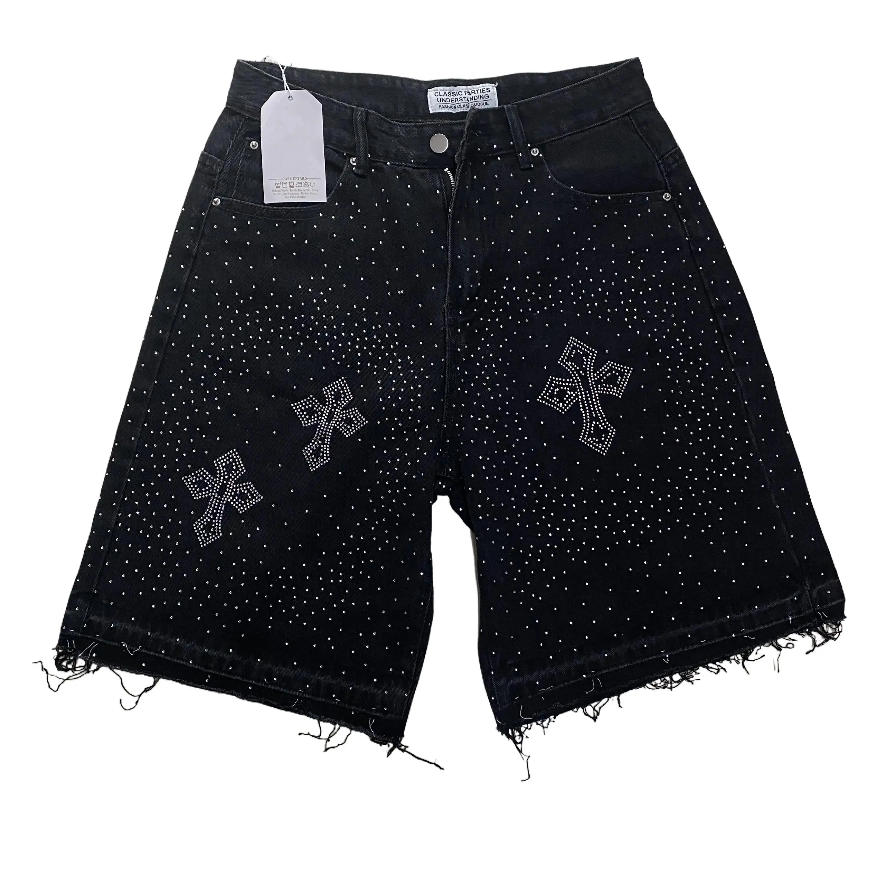 Men's Vintage Hiphop Cross Appliqué  Denim Shorts Streetwear Black  Cross Denim Shorts Casual & Edgy Daily Wear jorts rhinestone
