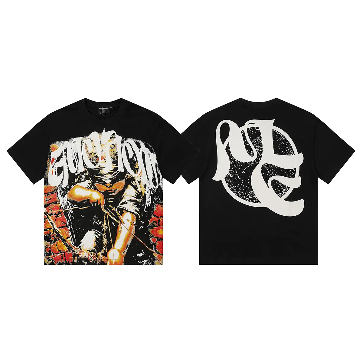 MIXED EMOTION 100% Cotton Certified Heavyweight Rhinestone Archer Graphic Tee Abstract Back Print Standard Fit T-Shirt