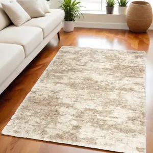 HomeRoots 5x7 ft. Abstract Shaggy Polyester Rectangle Area Rug, Beige & Ivory – Abstract Area Rugs for Living Room Decor, Polyester Rug