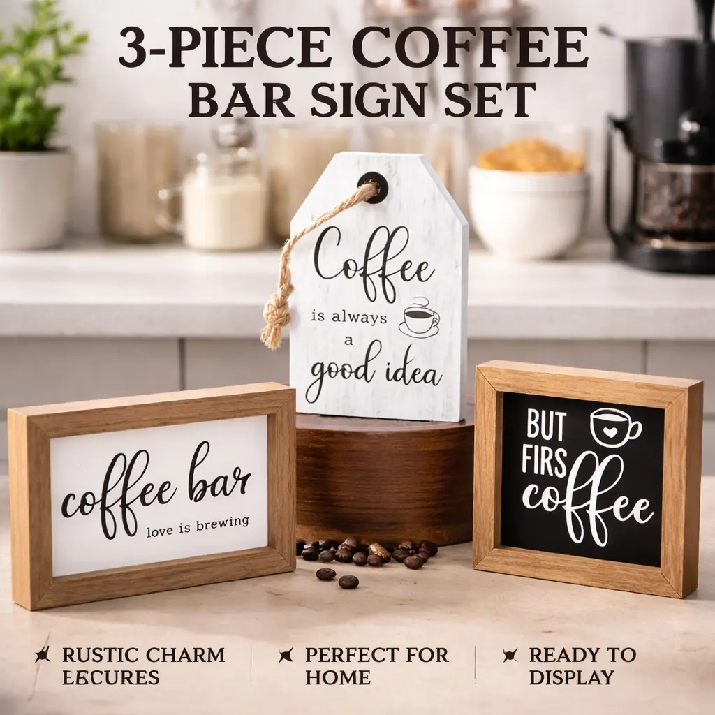 3pcs Rectangular Home Decor Mini Signs Set - "But First Coffee" Fixed Phrases Wood Plaques, Farmhouse Wall Art, Rustic Kitchen Counter Shelf Decor for Tabletop, Tier Tray