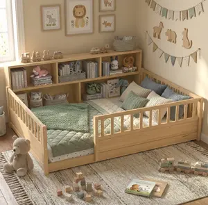 IHUESHO Pine Wood Montessori Toddler Bed with Integrated Bookcase, Fence Guardrails, Open Entry & Framed Closet for Kids’ Nursery