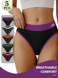 QUASTI 5-Piece Mid-Waist Butt-Lifting Women's Briefs - Color-Blocked, High Elasticity, Breathable Underpants , Soft and Comfortable Fabric, Stylish Panties in Multiple Colors, Womenswear Sizes S-XXL