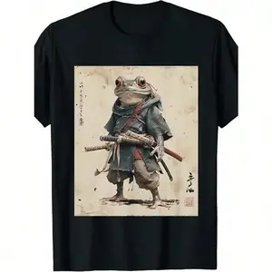 Vintage Samurai Frog Warrior T Shirt 100% Cotton Japanese Ukiyo E Art Round Neck Short Sleeve Machine Washable US Aesthetic