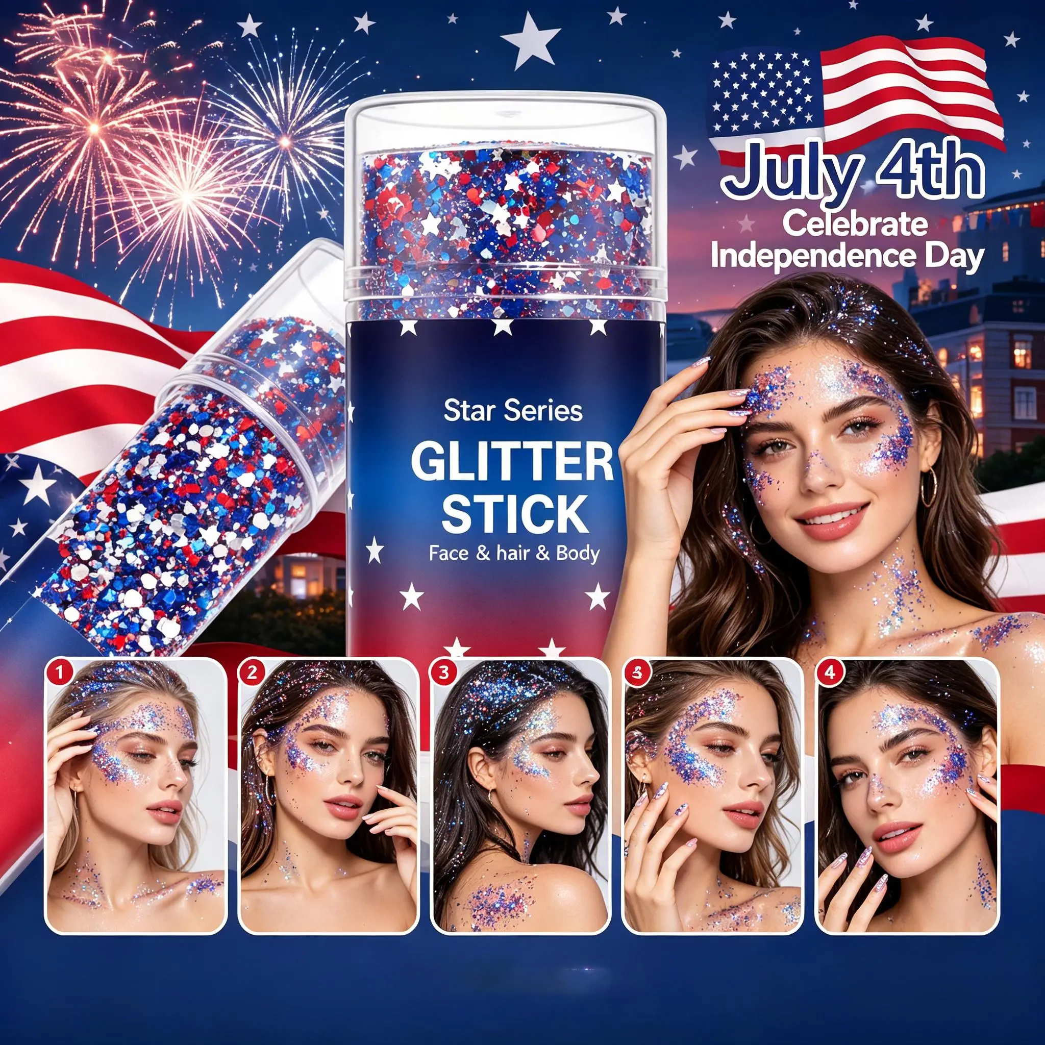 4th of July Sparkly Glitter Stick 3-in-1 Kit - Red White Blue Patriotic Set with American Flag, Soccer, Star Chunky Glitter, Holographic Hair & Body Gel for Sports Game, Festival Makeup, 4Th Of July Glitter Stick