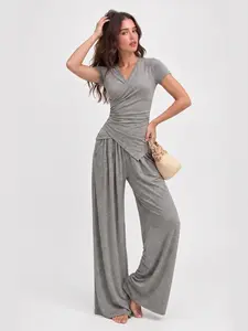 LikeMychoice Women's 2-Piece Casual Lounge Set - Soft Knit V-Neck Wrap Top, High-Waisted Wide-Leg Tummy Control Ruched Side Hem Pants, Womenswear Clothes Summer Outfit for Home, Travel