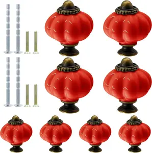 8 count Ceramic Pumpkin Knobs - Red,  & Retro Cabinet & Dresser Knobs for Vanity, Closet, Cupboard & Furniture