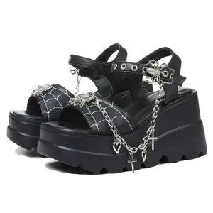 Women's Clearance Gothic Punk Platform Sandals - Sweet Heart Chain Buckle, Comfort Square Toe, High Slop Heel Wedge, Web-Embroidered Spider, Black Flatform Walking Footwear for Summer, Sandals For Women
