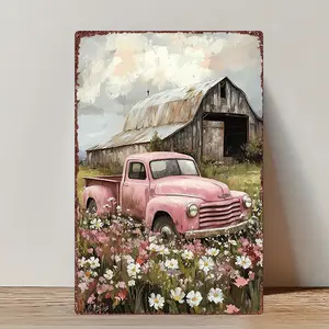【20*30cm/8*12inch】2D Flat, 1pc Vintage Farmhouse Metal Wall Art - Retro Pink Truck & Barn Sign, Rustic Iron Farm Decor Suitable for Kitchen, Bar, Cafe, Garage - Mounting 2D Flat Wall Hanging Decoration, 2D Flat