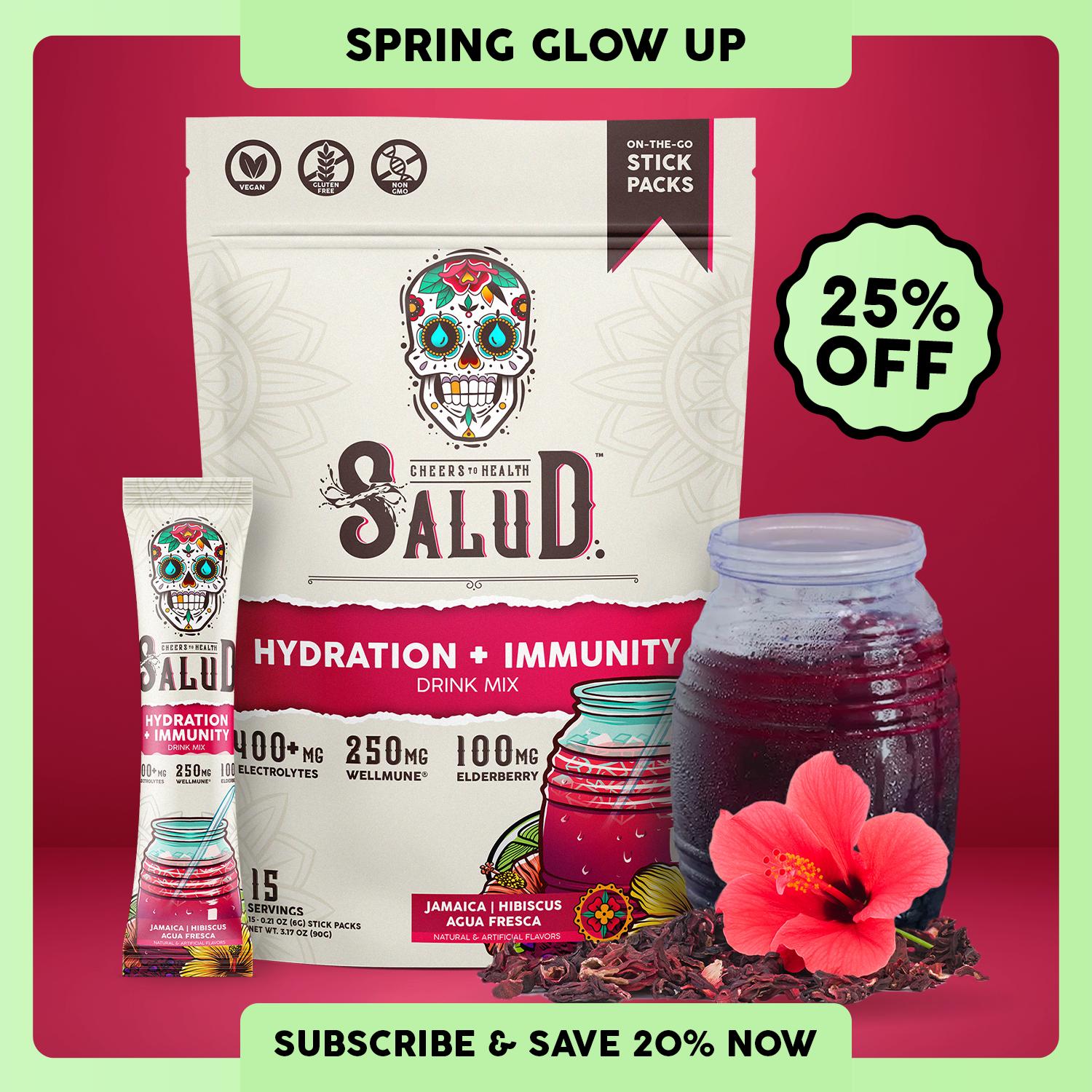 Salud 2-in-1 [Hydration & Immunity - Jamaica Hibiscus] 400mg Electrolytes, 250mg Wellmune, 100mg Elderberry, Dairy & So