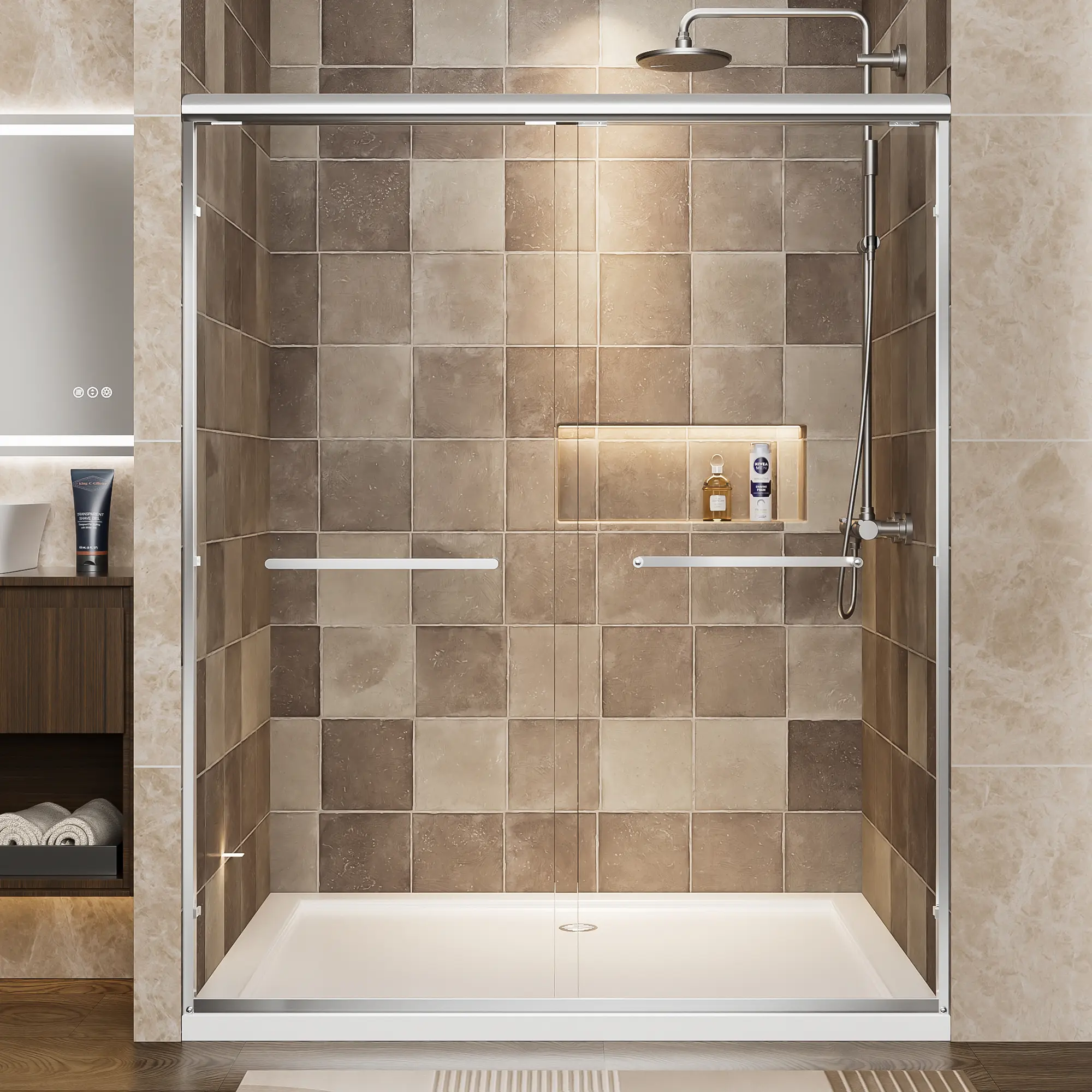56"-60" W x 72" H Chrome Aluminum Frame Double Sliding Shower Door, Adjustable Width Bypass Shower Door with 1/4" (6mm) Nano-Coated Clear Tempered Safety Glass, Dual Stainless Steel Pull Handles, Rustproof, Smooth Sliding, Modern Bathroom Shower Enclosure