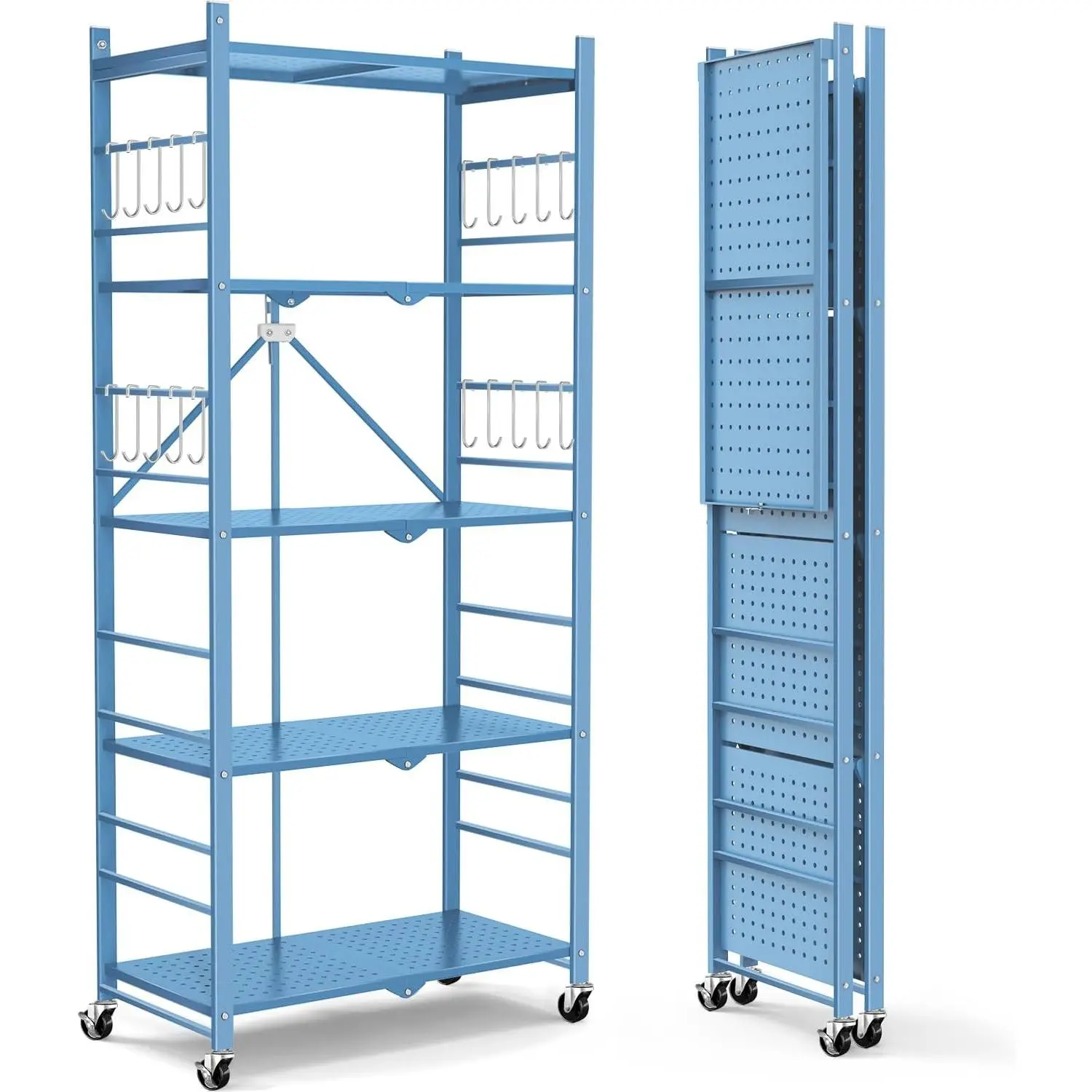 Storage Shelves with 20 Hooks, 5-Tier Foldable Shelf for Storage, Folding Shelf Unit Pantry Shelves with Wheels, Standing Shelving Unit for Garage Home Office Room Greenhouse, Blue
