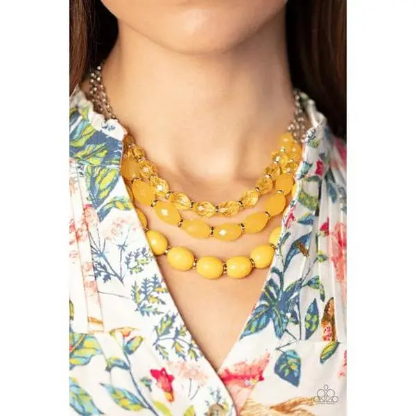 Women's Daffodil Yellow 2-Piece Costume Jewelry Set - 1 Necklace, Silver Rings, Mismatched Rows of Acrylic Crystal-Like Beads, Vivacious Layers, Adjustable Clasp Closure, Fashion Accessory for Women