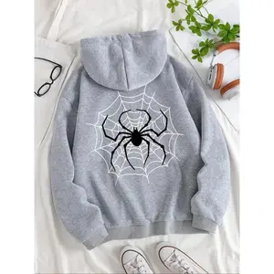 Women’s off-shoulder hoodie with spider print, fashionable and cute casual drawstring pocket hoodie, suitable for daily wear, vacations, and outdoor activities; women’s clothing for all four seasons.