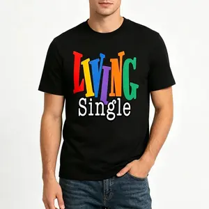 Living Single Graphic Cotton T-Shirt for Men, Bright Colored Lettering Crew Neck Tee, Soft Breathable Casual Everyday Wear, Trendy Streetwear Top for Daily Outings
