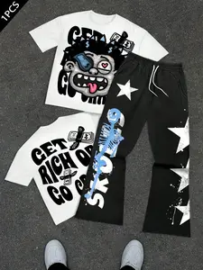 Men's 2-Piece Set, Fun Portrait & Letter Print, Casual Street Style, Round Neck Short Sleeve T-Shirt & Sports Pants, Fitted, All over Print