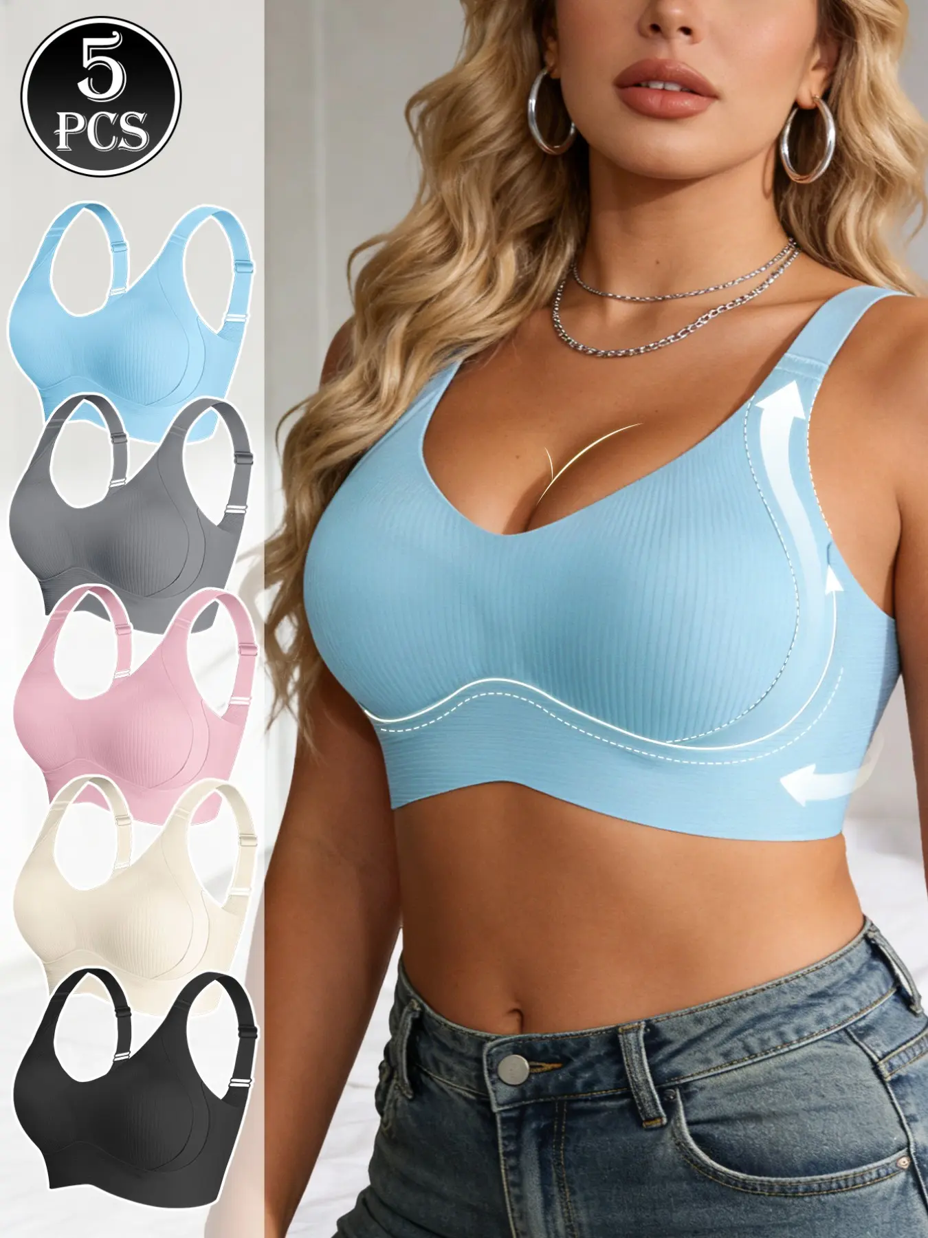 5 Piece Set Anti-Sagging Underwire Bra, Seamless Wireless Minimalist Bras for Daily Casual Wear, Comfortable Supportive Lingerie for Women, Everyday Bras