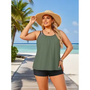 2026 Plus Size Olive Green Tankini Set - Relaxed Tank Top with Striped Strap Accent, Black Shorts Bottoms, Earthy Coastal Swimwear