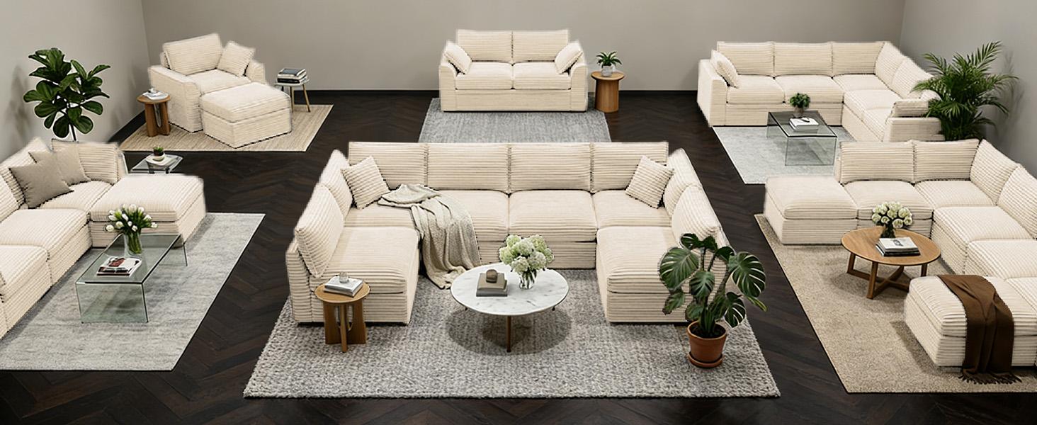 【2 Packages Shipping】NABUMI 71" Small Modular Sectional Sofa with Storage, Extra Deep&High Seat Corduroy Cloud Couch, 2 Seater Loveseat Sofa with Ottomans, Comfy Fluffy, Free Combination, Tool-Free Assembly, Black, Beige, Dark Gray, Green