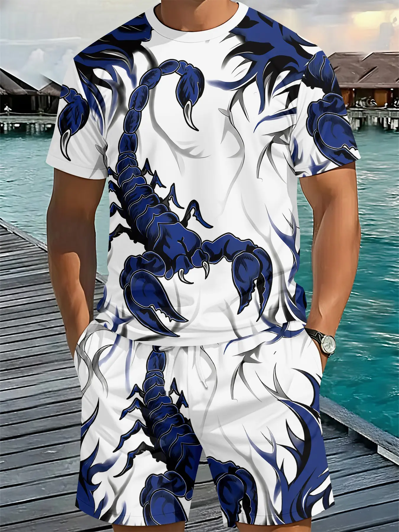 Men's 3D Digital Printed Two-piece Set with Blue-white Scorpion and Flame Pattern, 2 Pieces, Trendy Retro Casual Outfit, Stylish Tropical Vacation Wear, Breathable Sports Casual Style, Ideal Holiday Gift for Men