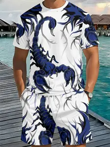 Men's 3D Digital Printed Two-piece Set with Blue-white Scorpion and Flame Pattern, 2 Pieces, Trendy Retro Casual Outfit, Stylish Vacation Wear, Breathable Sports Casual Style, Ideal Holiday Gift for Men