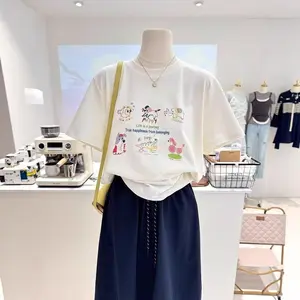 2026 Summer White Cotton T-Shirt for Women, Fashion Printed Shoulder Design, Korean Loose Slim Fit Casual Tee