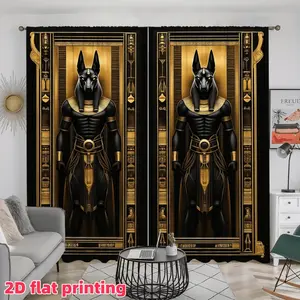 2D Flat 2Pcs Egyptian Anubis God Printed Curtains, Mythology Themed Window Panels, Home Decor for Living Room Bedroom, Accessory, Anti Privacy.