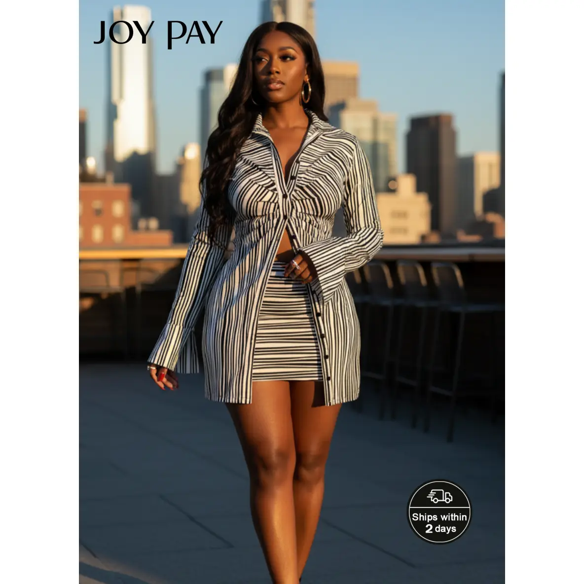 JOYPAY Women's Striped Print Ruched Split Sleeve Shirt & High Waist Skirt Set, Button Front Collared Top & Bodycon Skirt Set for Spring & Fall, Outfit Sets for Women, Casual Matching Set