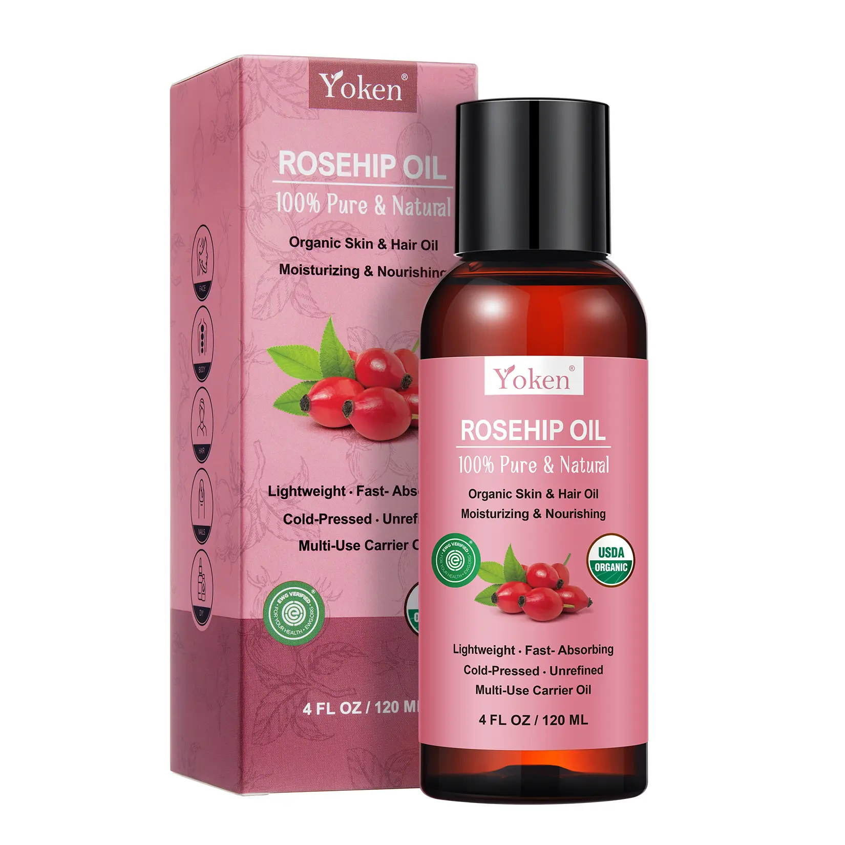 Yoken Organic Rosehip Seed Oil Cold Pressed for Face Body Hair & Nails | Pure Rosehip Seed Oil for Daily Face and Body Moisturizing Massage Hair Care and DIY Beauty Blends