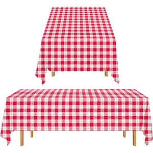 3PCS Red White Gingham Rectangular Waterproof Tablecloth 54X108Inch Disposable Plastic Table Cover with Gold Stamping for Easter Picnic Barbecue Kitchen Holiday Birthday Party