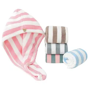 Ultra Absorbent Microfiber Hair Towel Turban, Hair Wrap Towel for Women, Quick Dry Bath Towel Cap with Stripes, Soft, Gentle on Skin, Reduces Blow Drying Time, Portable, Perfect for Home, Travel, Bath Accessory for Fast Hair Drying