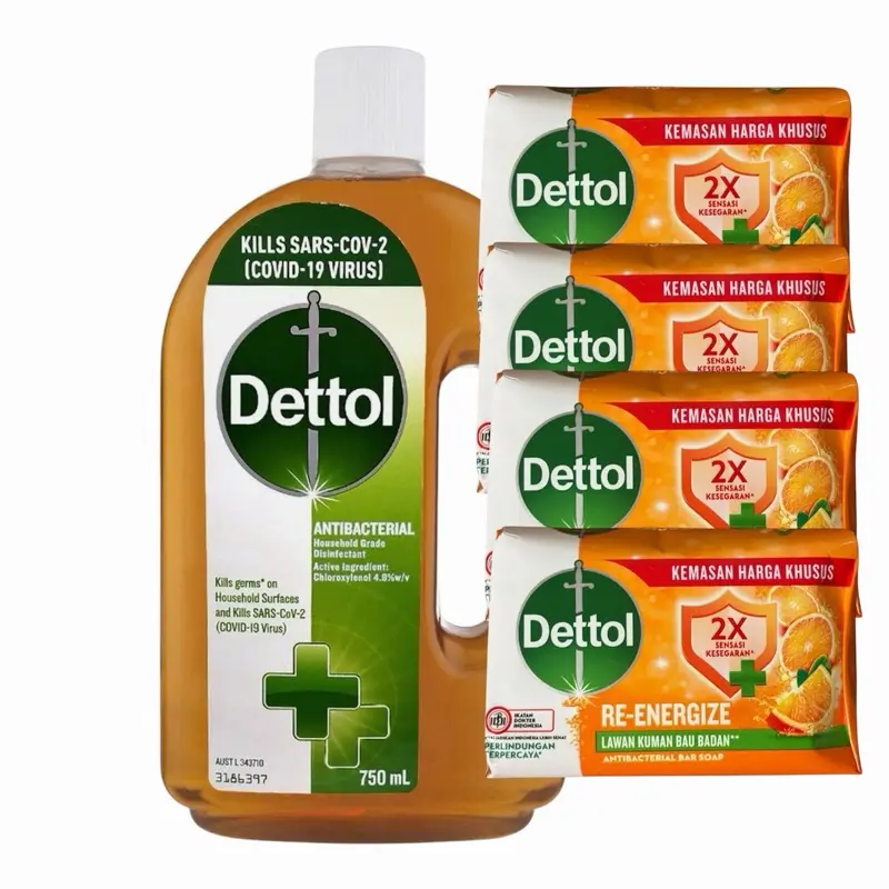 Dettol Original Antibacterial Disinfectant Liquid (750ml) & 4 Re-energize Soap Bars Gentle Cleanser Set, Daily Personal Care for Intimate & General Hygiene