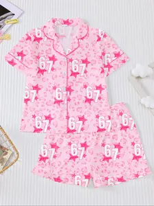 A two-piece set of children's pink leopard print, Pajama pattern, Six seven digital printed pajamas, featuring a flame-retardant lapel shirt with short sleeves and elastic waist lotus leaf shorts