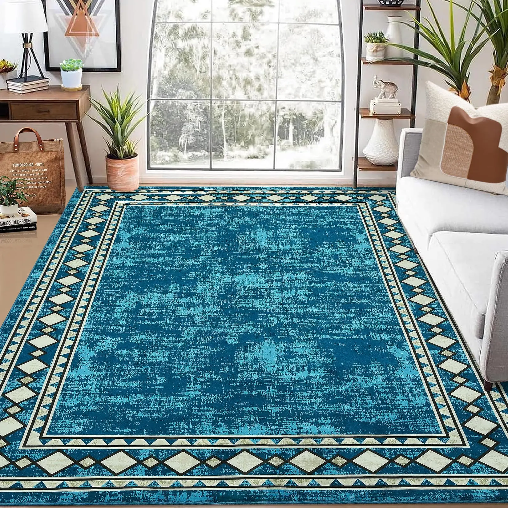 Garvee 9x12 Large Washable Rug for Living Room with Modern Geometric Border Design, Non-Slip Low Pile Carpet, Foldable and Durable for Bedroom, Office, Dining Room in Sapphire Blue