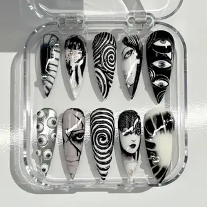 Horror Manga Press On Nails: Iconic Black and White Spiral and Distorted Portrait Art
