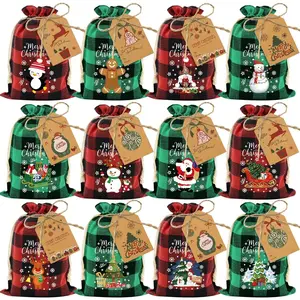 36 count  Medium Christmas Drawstring Candy  Bags Buffalo Plaid Xmas Xmas Christmas Fabric Goody  Sacks   Wrapping Bags Holiday Party Favors - Red/Green