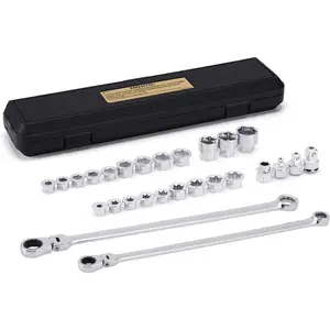 27 count Extra Long Flex  Ratcheting Wrench Set, CR-V, Double Box End Ratchet Wrench Set with 8mm - 22mm, E8 - E22, 1/4", 3/8", 1/2" Socket Adapters  Heads